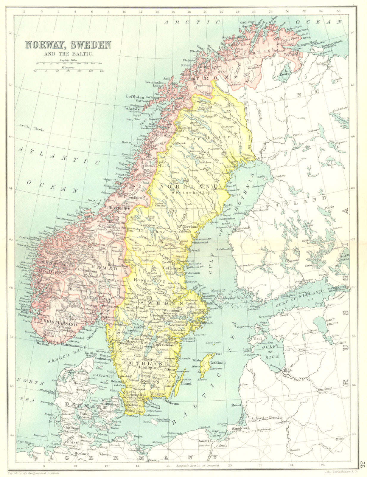 SCANDINAVIA. Norway, Sweden and the Baltic. Cassells 1909 old antique map